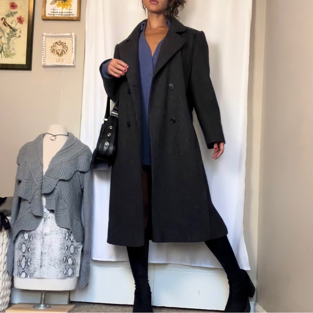 ILGWU Vintage Grey Wool Trench Coat with Red Wool Scarf
